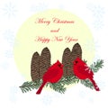 Merry Christmas and Happy New Year banner red cardinals fir green tree branch